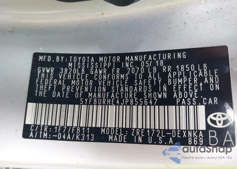 2018 Toyota Corolla Le from USA, damaged, VIN 5YFBURHE4JP855647